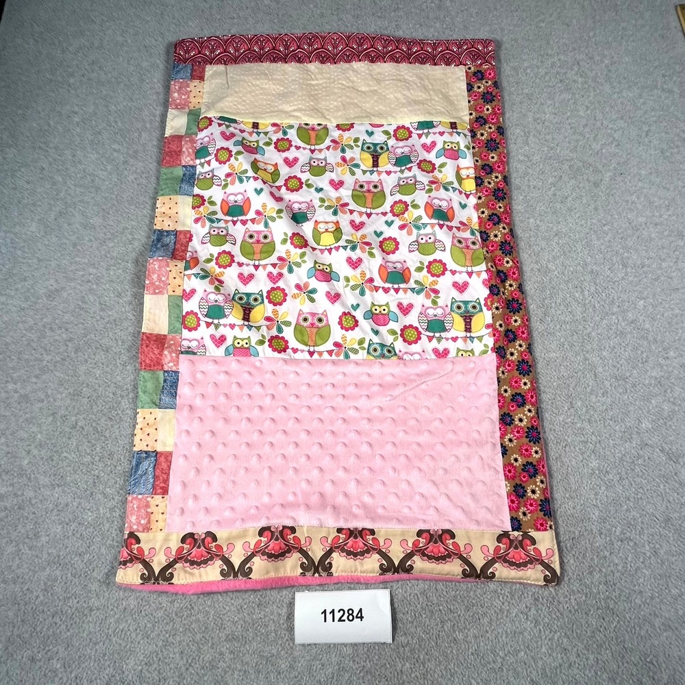Baby Blanket Pink Minky Dot Owls and Hearts Patchwork Print Lightweight Comfort